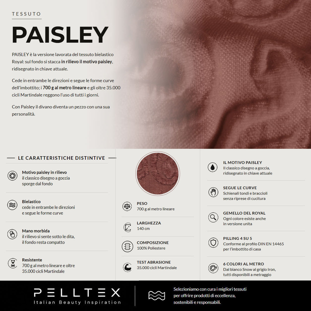 Tessuto Paisley: motivo paisley in rilievo su tessuto bielastico