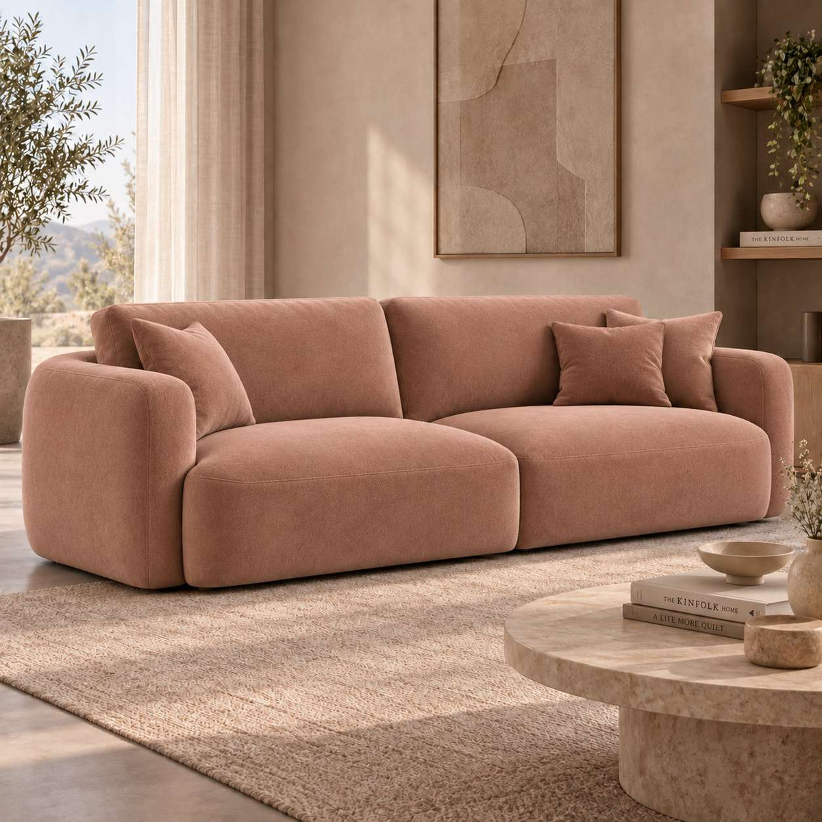 Divano rivestito in tessuto Mohair in un soggiorno luminoso